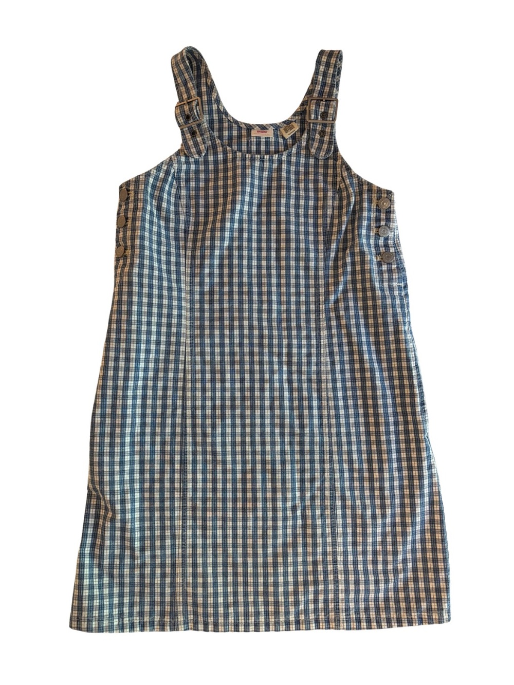 Levi's Blue and White Plaid Mini Overalls Dress